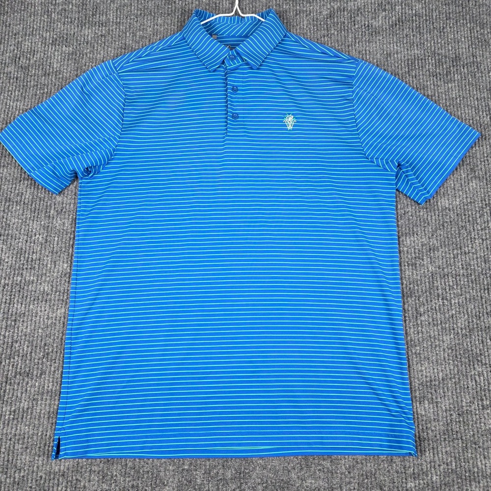 Under Armour HeatGear Mens Large Blue Striped Golf Polo Shirt BW Crest Loose Fit